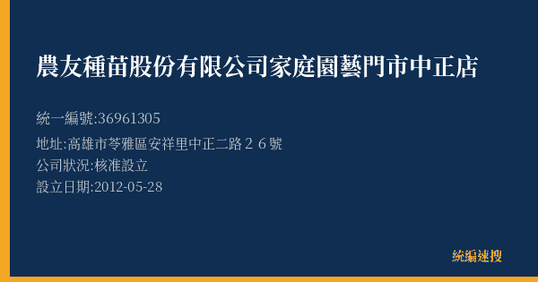 農友種苗股份有限公司家庭園藝門市中正店的照片-統編 36961305(高雄市) 公司登記資料與營業項目詳細圖表