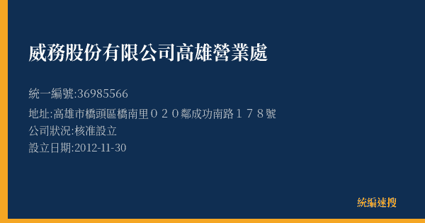 威務股份有限公司高雄營業處的照片-統編 36985566(高雄市) 公司登記資料與營業項目詳細圖表