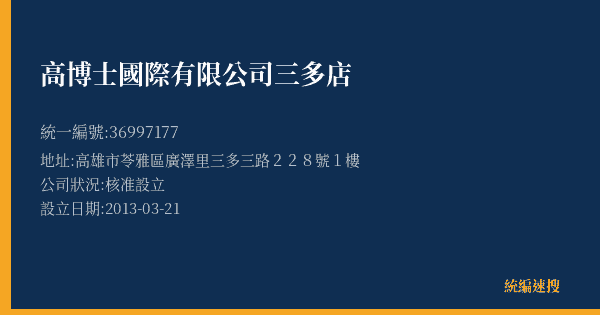 高博士國際有限公司三多店的照片-統編 36997177(高雄市) 公司登記資料與營業項目詳細圖表