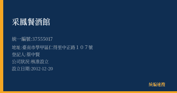 采鳳餐酒館的照片-統編 37555017(臺南市) 公司登記資料與營業項目詳細圖表