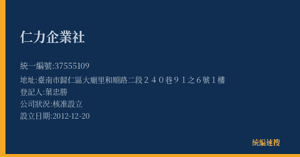 仁力企業社的照片-統編 37555109(臺南市) 公司登記資料與營業項目詳細圖表