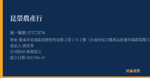 昆榮農產行的照片-統編 37572178(臺南市) 公司登記資料與營業項目詳細圖表