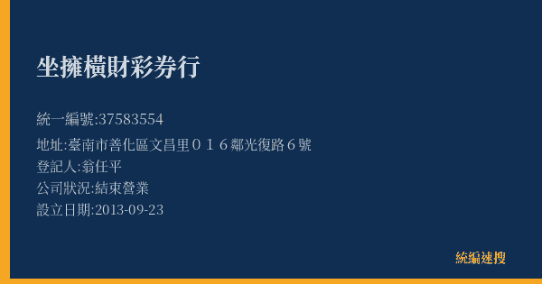 坐擁橫財彩券行的照片-統編 37583554(臺南市) 公司登記資料與營業項目詳細圖表