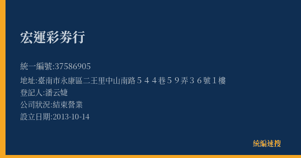 宏運彩劵行的照片-統編 37586905(臺南市) 公司登記資料與營業項目詳細圖表