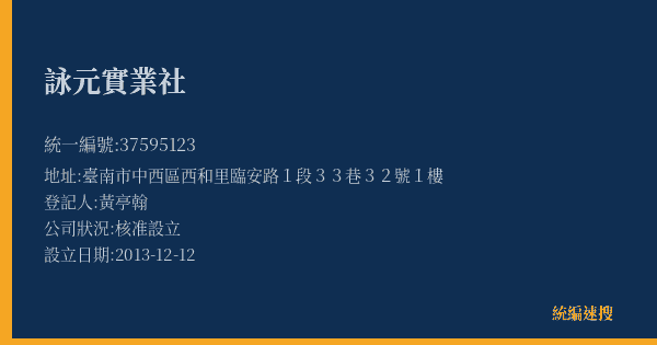 詠元實業社的照片-統編 37595123(臺南市) 公司登記資料與營業項目詳細圖表