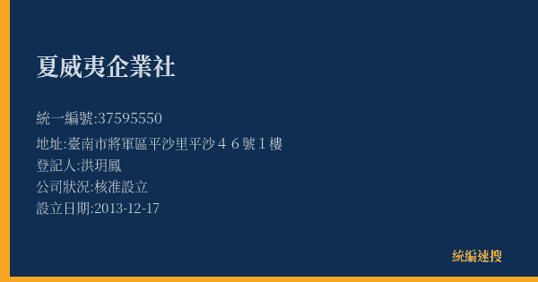 夏威夷企業社的照片-統編 37595550(臺南市) 公司登記資料與營業項目詳細圖表