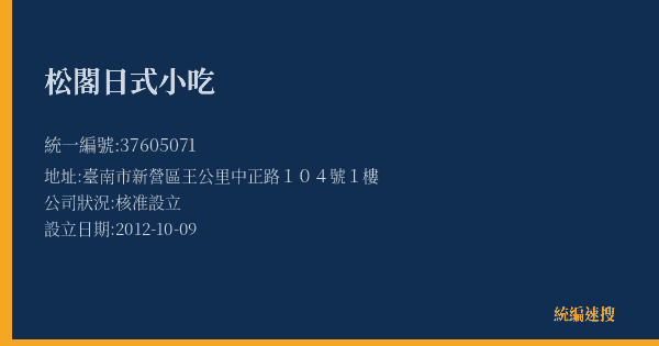 松閣日式小吃的照片-統編 37605071(臺南市) 公司登記資料與營業項目詳細圖表