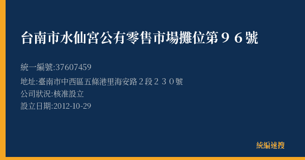 台南市水仙宮公有零售市場攤位第96號的照片-統編 37607459(臺南市) 公司登記資料與營業項目詳細圖表