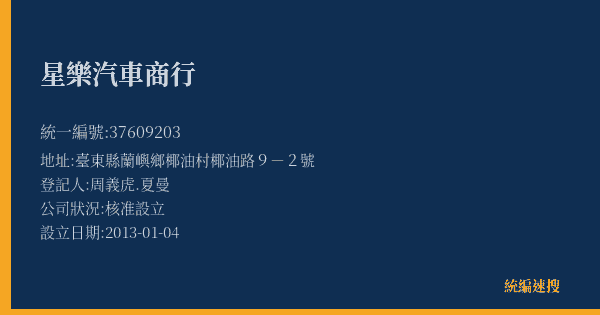 星樂汽車商行的照片-統編 37609203(臺東縣) 公司登記資料與營業項目詳細圖表