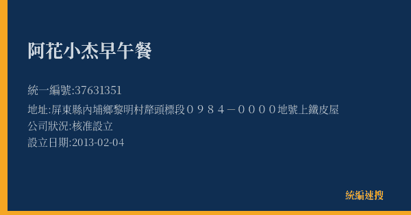 阿花小杰早午餐的照片-統編 37631351(屏東縣) 公司登記資料與營業項目詳細圖表