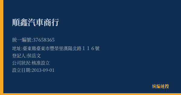 順鑫汽車商行的照片-統編 37658365(臺東縣) 公司登記資料與營業項目詳細圖表