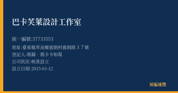 巴卡芙萊設計工作室的照片-統編 37733553(臺東縣) 公司登記資料與營業項目詳細圖表