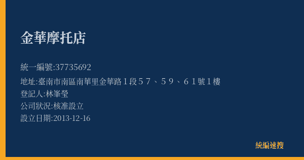 金華摩托店的照片-統編 37735692(臺南市) 公司登記資料與營業項目詳細圖表
