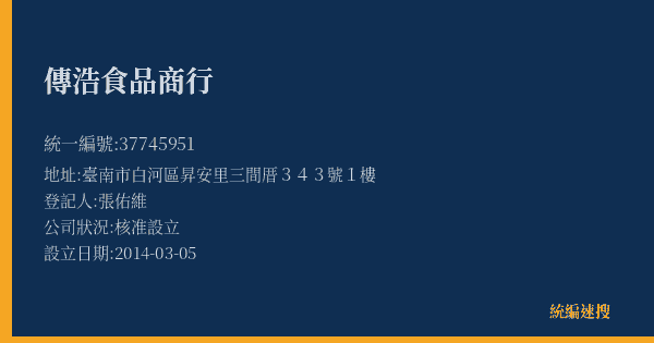 傳浩食品商行的照片-統編 37745951(臺南市) 公司登記資料與營業項目詳細圖表