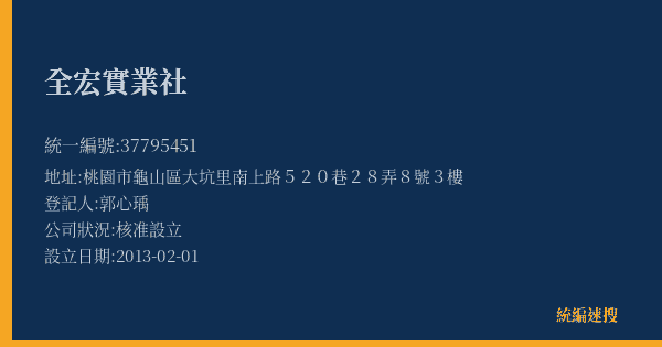 全宏實業社的照片-統編 37795451(桃園市) 公司登記資料與營業項目詳細圖表