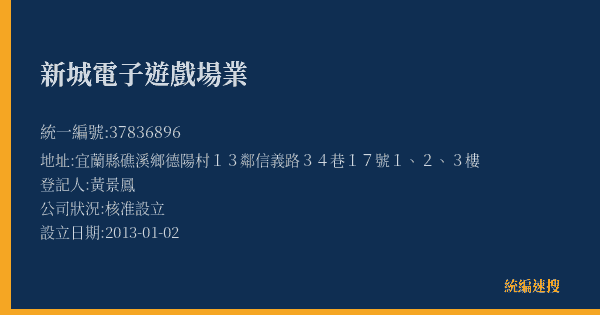 新城電子遊戲場業的照片-統編 37836896(宜蘭縣) 公司登記資料與營業項目詳細圖表