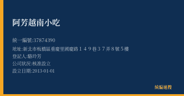 阿芳越南小吃的照片-統編 37874390(新北市) 公司登記資料與營業項目詳細圖表
