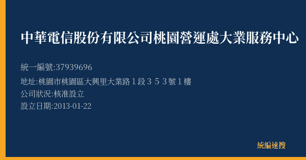 中華電信股份有限公司桃園營運處大業服務中心的照片-統編 37939696(桃園市) 公司登記資料與營業項目詳細圖表