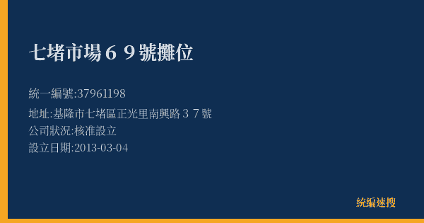 七堵市場69號攤位的照片-統編 37961198(基隆市) 公司登記資料與營業項目詳細圖表