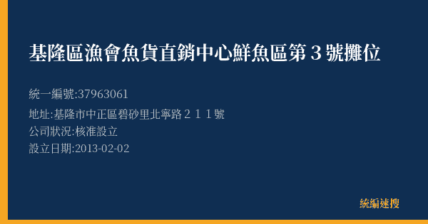 基隆區漁會魚貨直銷中心鮮魚區第3號攤位的照片-統編 37963061(基隆市) 公司登記資料與營業項目詳細圖表
