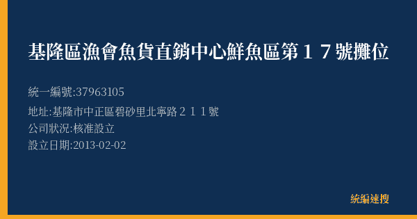 基隆區漁會魚貨直銷中心鮮魚區第17號攤位的照片-統編 37963105(基隆市) 公司登記資料與營業項目詳細圖表