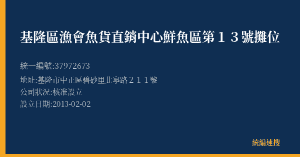 基隆區漁會魚貨直銷中心鮮魚區第13號攤位的照片-統編 37972673(基隆市) 公司登記資料與營業項目詳細圖表