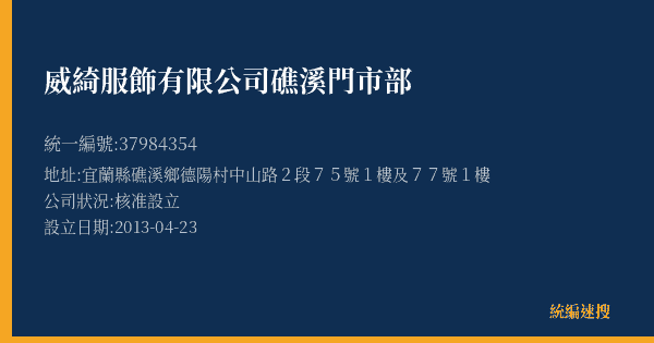 威綺服飾有限公司礁溪門市部的照片-統編 37984354(宜蘭縣) 公司登記資料與營業項目詳細圖表