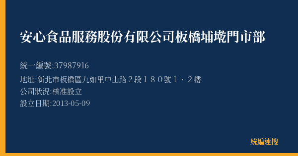 安心食品服務股份有限公司板橋埔墘門市部的照片-統編 37987916(新北市) 公司登記資料與營業項目詳細圖表