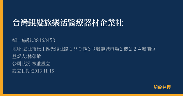 台灣銀髮族樂活醫療器材企業社的照片-統編 38463450(臺北市) 公司登記資料與營業項目詳細圖表