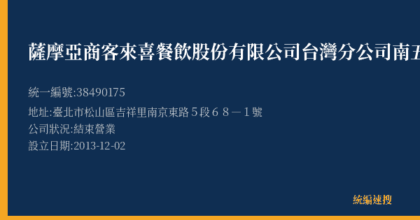 薩摩亞商客來喜餐飲股份有限公司台灣分公司南五店的照片-統編 38490175(臺北市) 公司登記資料與營業項目詳細圖表