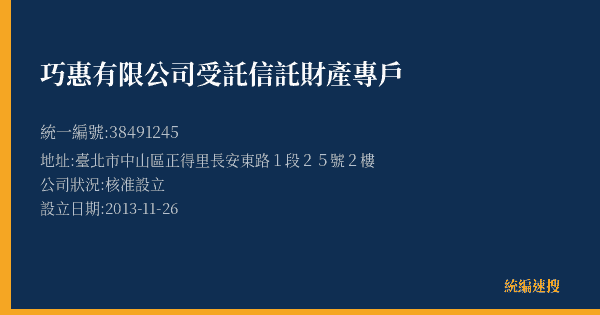 巧惠有限公司受託信託財產專戶的照片-統編 38491245(臺北市) 公司登記資料與營業項目詳細圖表