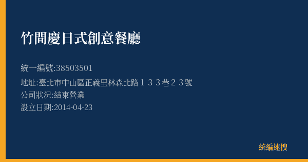 竹間慶日式創意餐廳的照片-統編 38503501(臺北市) 公司登記資料與營業項目詳細圖表