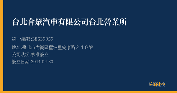 台北合眾汽車有限公司台北營業所的照片-統編 38539959(臺北市) 公司登記資料與營業項目詳細圖表