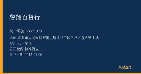譽翔百貨行的照片-統編 38571079(臺北市) 公司登記資料與營業項目詳細圖表