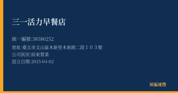 三一活力早餐店的照片-統編 38580252(臺北市) 公司登記資料與營業項目詳細圖表