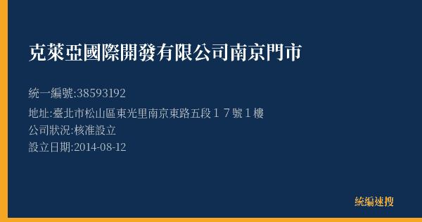 克萊亞國際開發有限公司南京門市的照片-統編 38593192(臺北市) 公司登記資料與營業項目詳細圖表