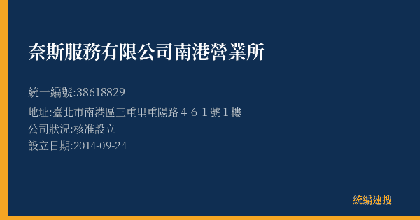 奈斯服務有限公司南港營業所的照片-統編 38618829(臺北市) 公司登記資料與營業項目詳細圖表