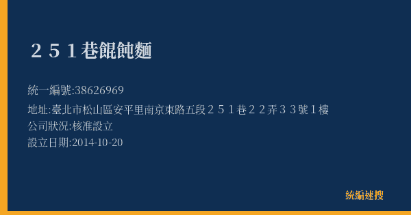 251巷餛飩麵的照片-統編 38626969(臺北市) 公司登記資料與營業項目詳細圖表