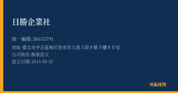 日勝企業社的照片-統編 38633791(臺北市) 公司登記資料與營業項目詳細圖表