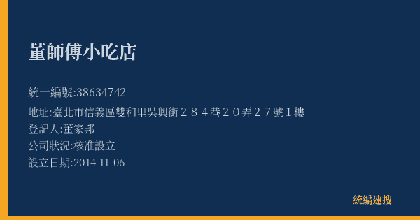 董師傅小吃店的照片-統編 38634742(臺北市) 公司登記資料與營業項目詳細圖表