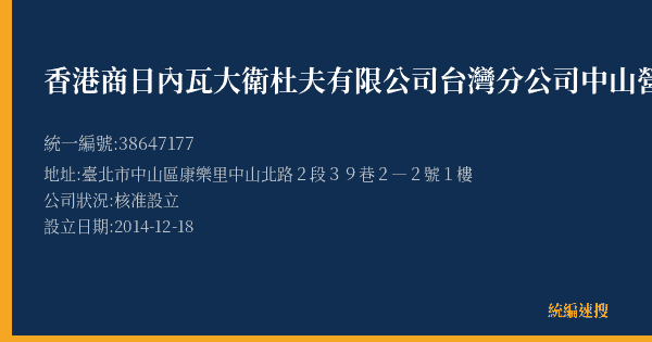香港商日內瓦大衛杜夫有限公司台灣分公司中山營業所的照片-統編 38647177(臺北市) 公司登記資料與營業項目詳細圖表