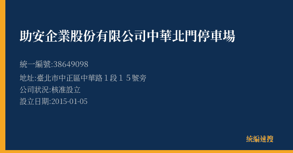 助安企業股份有限公司中華北門停車場的照片-統編 38649098(臺北市) 公司登記資料與營業項目詳細圖表
