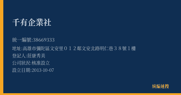 千有企業社的照片-統編 38669333(高雄市) 公司登記資料與營業項目詳細圖表