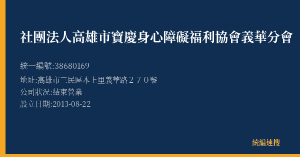 社團法人高雄市寶慶身心障礙福利協會義華分會的照片-統編 38680169(高雄市) 公司登記資料與營業項目詳細圖表