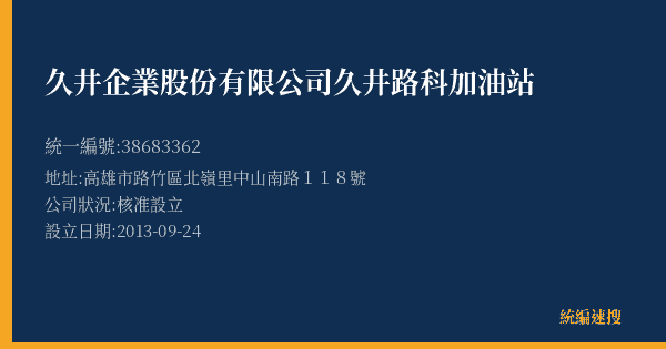 久井企業股份有限公司久井路科加油站的照片-統編 38683362(高雄市) 公司登記資料與營業項目詳細圖表