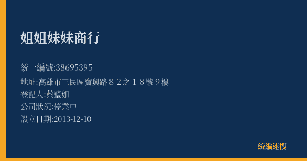 姐姐妹妹商行的照片-統編 38695395(高雄市) 公司登記資料與營業項目詳細圖表
