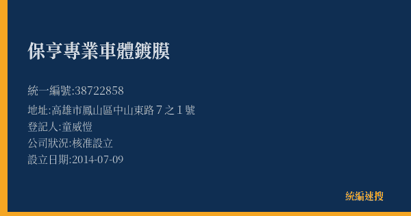 保亨專業車體鍍膜的照片-統編 38722858(高雄市) 公司登記資料與營業項目詳細圖表