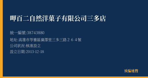 呷百二自然洋菓子有限公司三多店的照片-統編 38743880(高雄市) 公司登記資料與營業項目詳細圖表