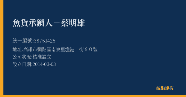 魚貨承銷人-蔡明雄的照片-統編 38751425(高雄市) 公司登記資料與營業項目詳細圖表