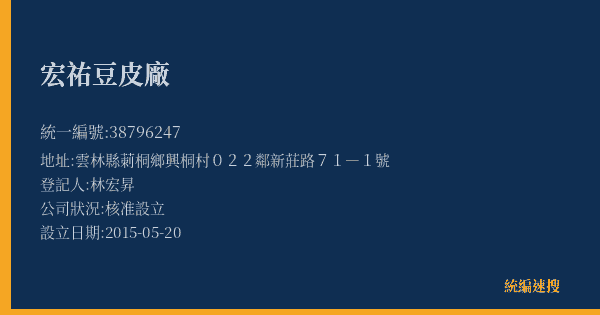 宏祐豆皮廠的照片-統編 38796247(雲林縣) 公司登記資料與營業項目詳細圖表